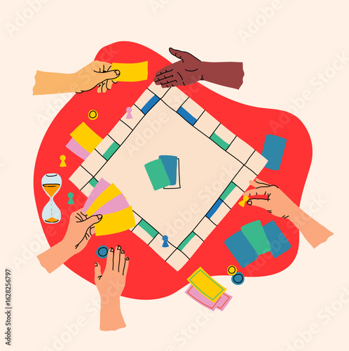 Creative board game hobbies. Human arms actively playing a tabletop game. Game elements like dice, cards, and pawns. Fun social activity. Vector illustration
