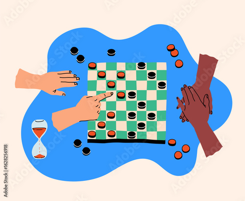 Creative board game hobbies. Human arms actively playing a tabletop game. Game elements like dice, cards, and pawns. Fun social activity. Vector illustration