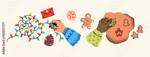 Hands with holiday preparations. Creative festive activities. Human arms actively wrapping gifts and decorating. Seasonal items like gingerbread and greeting cards. Handmade DIY holiday joy.