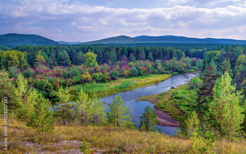 beautiful landscapes of the upper reaches of the Beloe River in the Southern Urals on an autumn morning