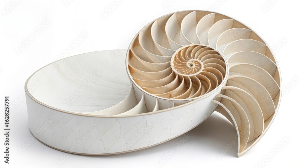 Obraz premium Close up of a halved nautilus shell revealing its intricate internal spiral structure on white background