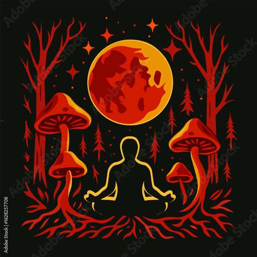 Meditating silhouette under the moon with vibrant mushrooms for spiritual reflection