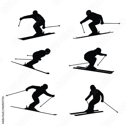 Six silhouettes of skiers in action on a white background