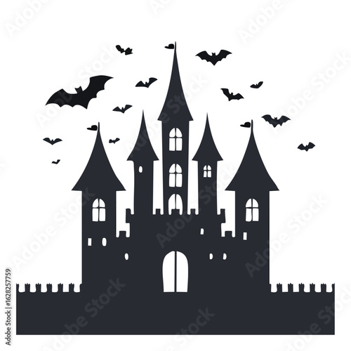 A spooky haunted castle silhouette with flying bats for Halloween. Dark gothic fortress illustration representing horror, fantasy, and mystery.