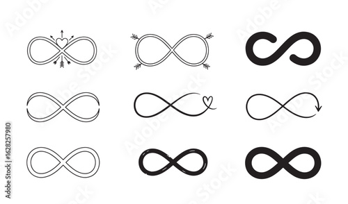 Collection of simple infinity symbols with various designs and decorative elements in black and white