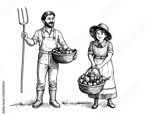 Rustic farmer couple with pitchfork and baskets of fruit celebrating the harvest