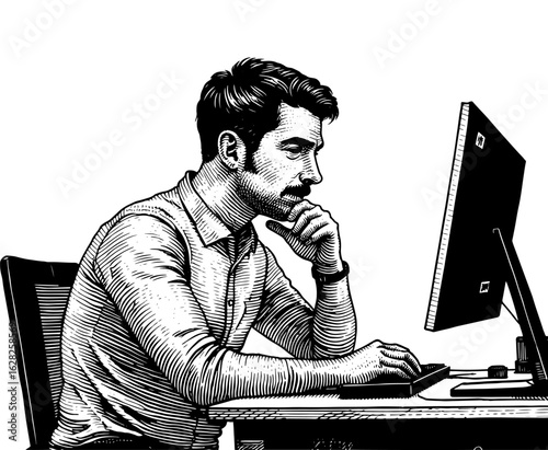 Thoughtful man with a beard working on a computer at a desk