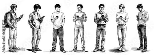 Young men absorbed staring at smartphones, vintage woodcut illustration