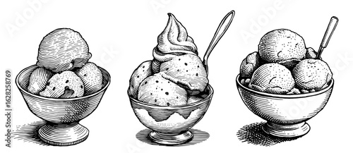 Ice cream sundaes in vintage woodcut illustration style, black and white, for a dessert menu.