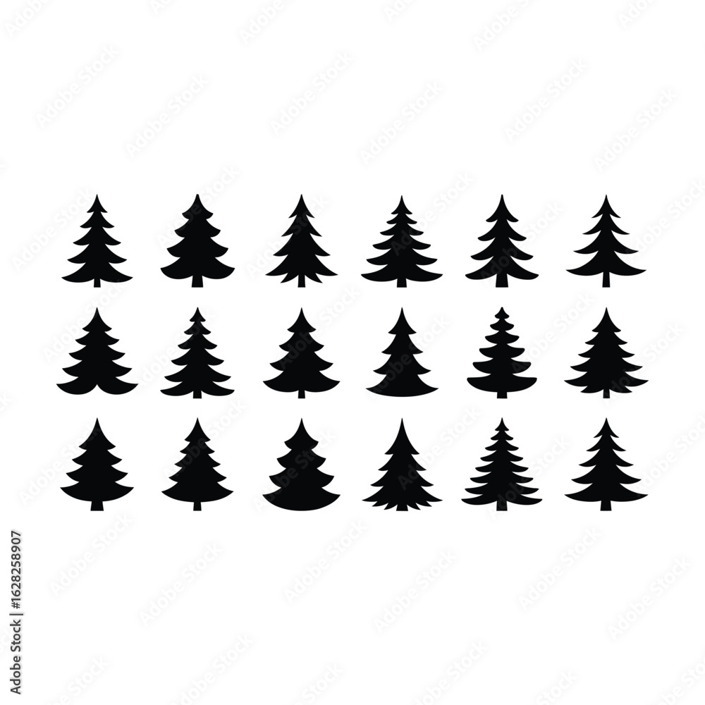 Obraz premium Collection of silhouetted evergreen trees in a row on a white background