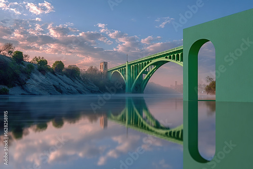 Surreal Green Bridge Reflected in Calm Water with Geometric Archway and Dreamy Sky Depicting Tranquility