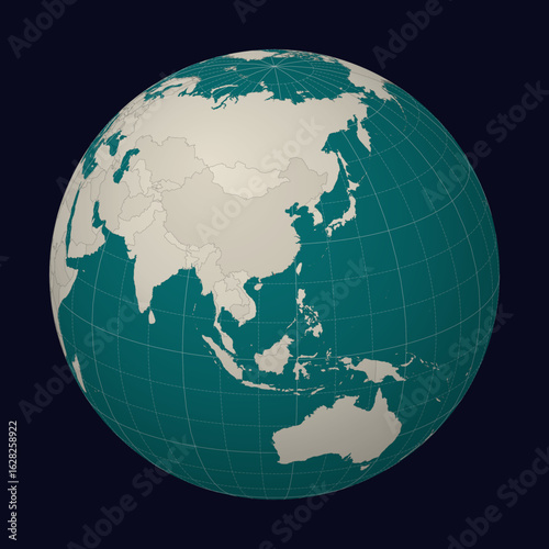 Hong Kong on the map. Globe centered to Hong Kong. Country location on the world map. Teal Pale Mint color palette. Globe with countries, meridians and parallels. Classic vector illustration.