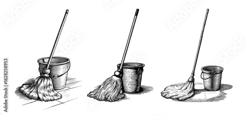 Mops and buckets in vintage engraving style, black and white, cleaning and janitorial work