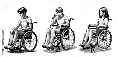 People in wheelchairs with a contemplative mood, representing disability and social issues