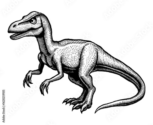 Theropod dinosaur in woodcut style, black and white