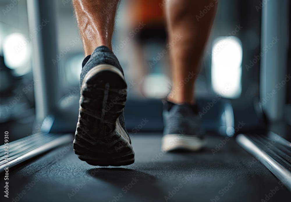 Fototapeta premium Close-up of feet running on a treadmill. Focus on the soles of athletic shoes
