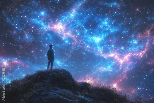 Person standing on hill, gazing at stars.