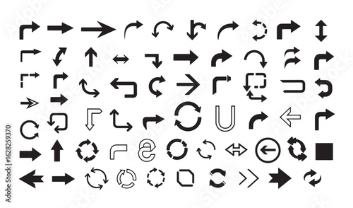 Collection of various directional black arrows for web design or graphical interface elements