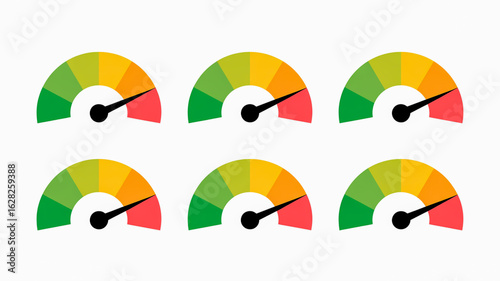 Six semicircular gauge indicators with color segments and black needles meter dial