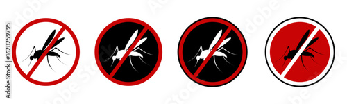 No mosquito fly. Anti gnat or stop midge vector icon, insect repellent spray sign, bite forbidden red cross circle, insects danger and control warning symbol with mosquitoes silhouette. World Mosquito