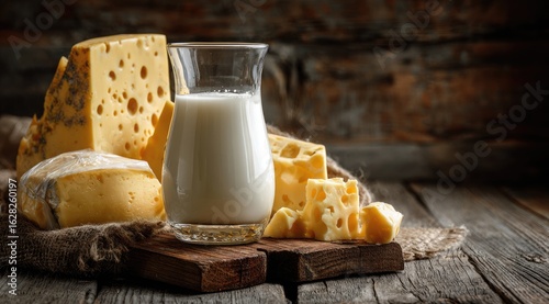 Assorted cheeses and milk on rustic wooden surface