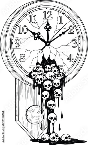 Cracked clock with skulls, a monochrome illustration representing the passage of time and mortality, a reminder of the fleeting nature of life and the inevitability of death