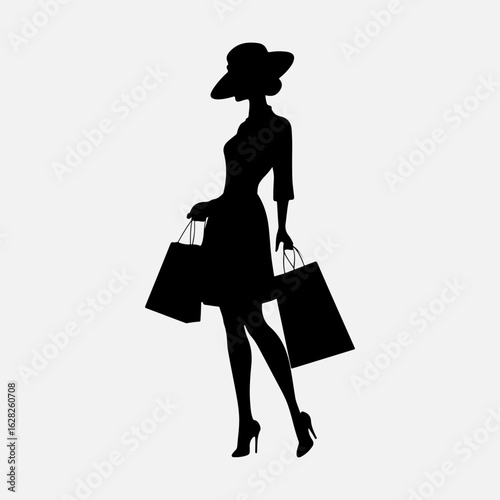 Woman Shopping Black Icon Silhouette Vintage Style Design, Black Shopping Bag Girl Lifestyle Design Set, Woman Symbol Woman Shopping And Bag Illustration Vector Design