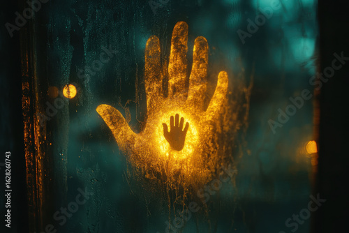 Hand illuminated by light seen through window.