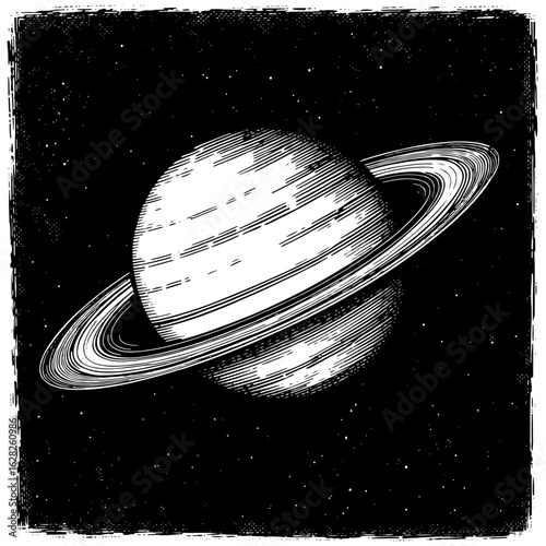 Saturn Planet in a Woodcut Style in Black and White  against a Starry Night Sky.