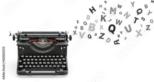 Vintage typewriter with floating stitched letters, symbolizing creativity, storytelling