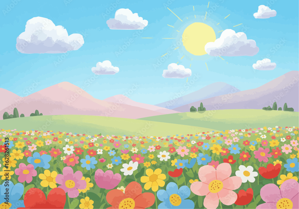 Colorful flower field landscape with mountains and a bright sun. Colorful flower field landscape with mountains and a bright sun.