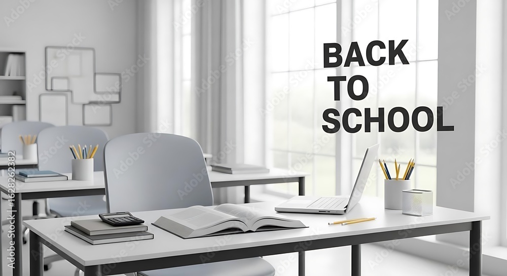 Classroom interior with desks chairs books and laptop ready for back to school education season Classroom interior with desks chairs books and laptop ready for back to school education season