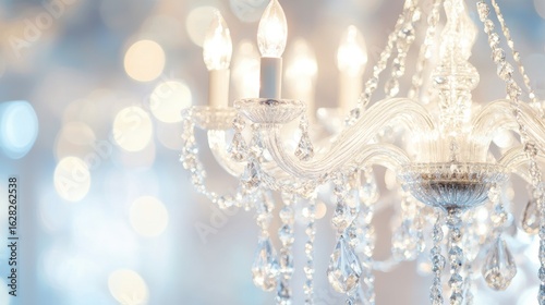 Elegant crystal chandelier with light reflections and bokeh background creating a luxurious atmosphere for home decor or event lighting