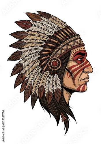 A detailed illustration of a Native American man in profile, wearing a feathered headdress and war paint.