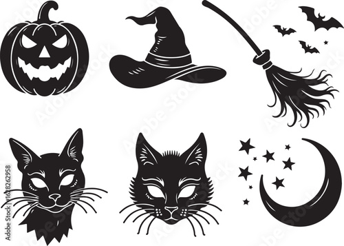 Spooky Halloween elements including pumpkin, cats, bats and witch hat