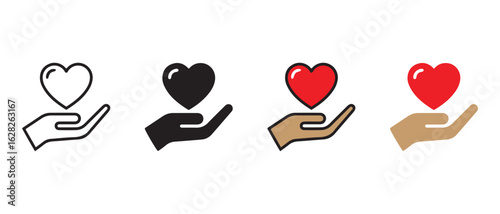 Hand Holding Heart Icons. Outline and Solid Variants in Black, Tan, and Red for Love, Care, and Support Themes.