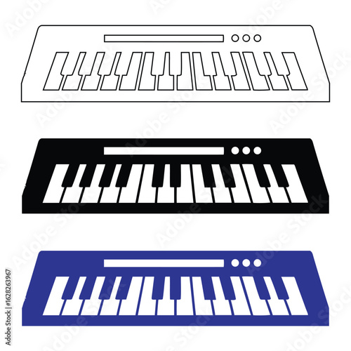 Stylized Piano Keyboards. in White, Black, and Blue Vertical Layout with Circular Control Buttons.