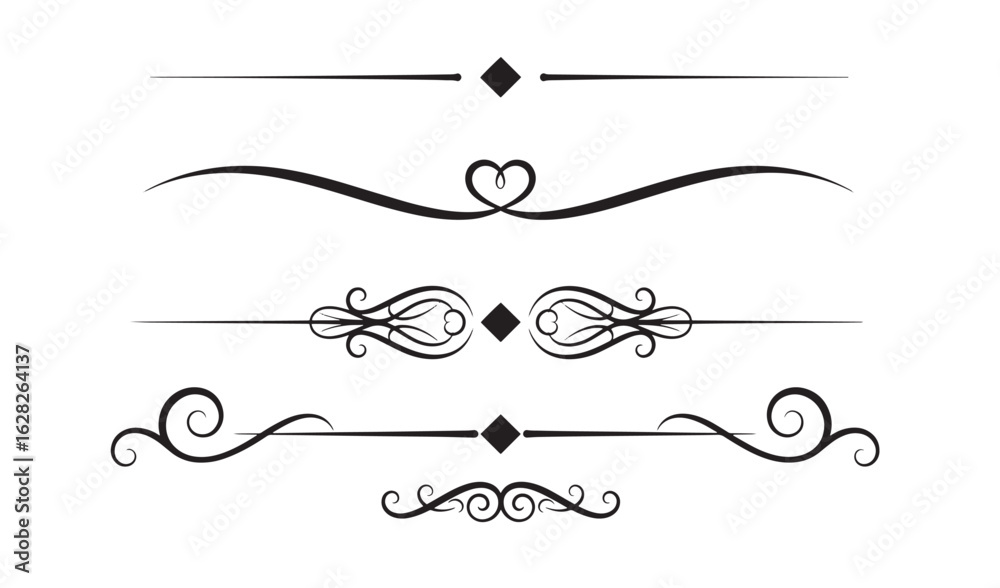 Obraz premium Elegant set of decorative divider elements with swirls and diamond accents on white background