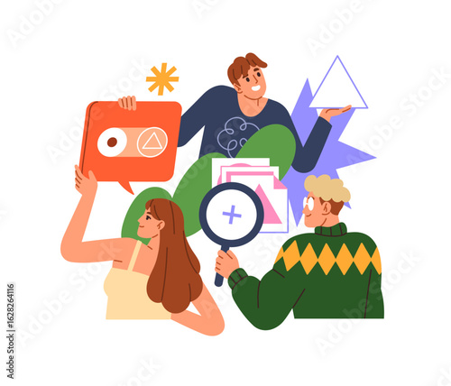 Team of designers creates new design elements for user interface. Creative people redesign UIUX, update GUI of web site. Mobile app development concept. Flat isolated vector illustration on white