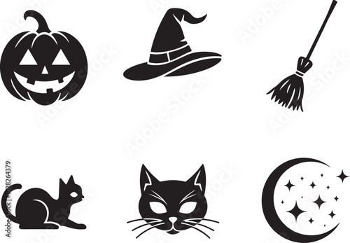 Spooky Halloween night icons with pumpkin, cat, moon and witch's hat