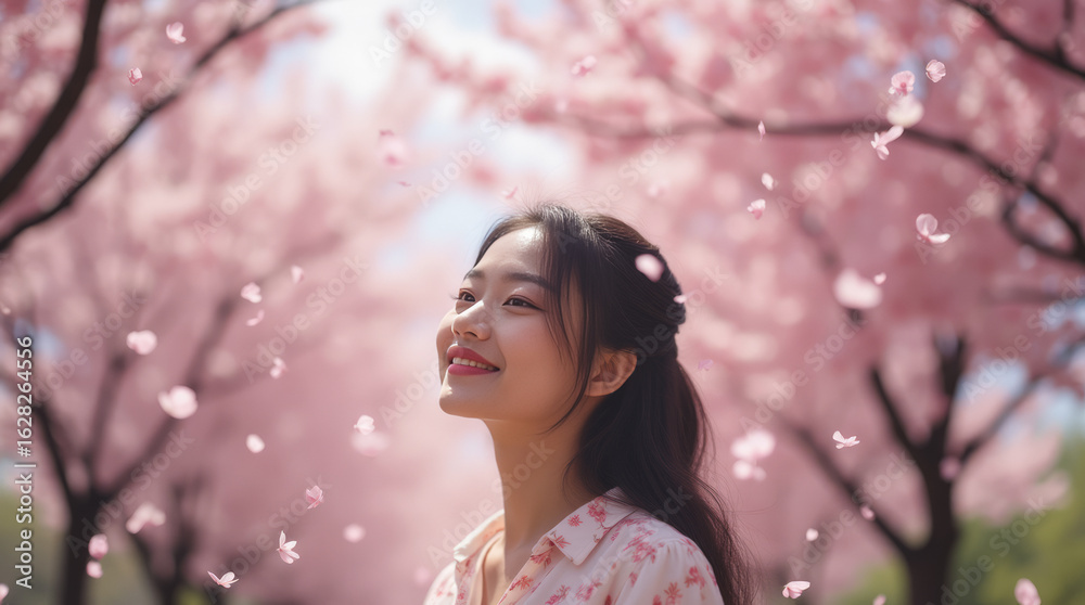 Queen of the Cherry Blossom Grove – Asian Woman Rising from Pink Petals, Low-Angle Shot Queen of the Cherry Blossom Grove – Asian Woman Rising from Pink Petals, Low-Angle Shot