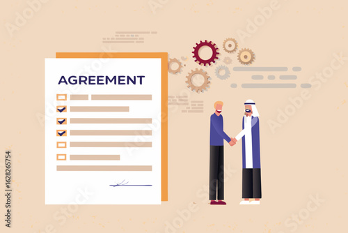Two businessmen one western and one arab shaking hands over a signed agreement with gears in the background