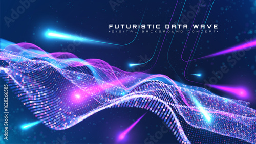 Big digital data flow with abstract glowing particle waves, vector illustration design concept for futuristic technology background, science, cyber security.