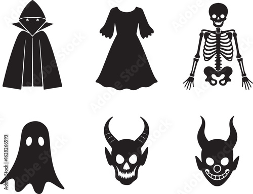 Spooky Halloween silhouettes of ghost, skeleton, devil, vampire and witch