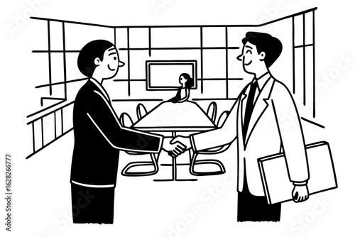 Business professionals shaking hands in a modern office during a meeting