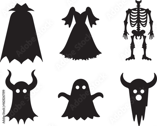 Spooky Halloween silhouettes of ghosts, skeleton, devil and vampire