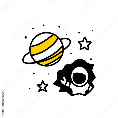 Cartoon Astronaut Waving Near Planet with Rings. Cute Planet and Astronaut Illustration