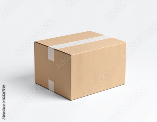 A single, closed, brown cardboard box is centered on a white background, secured with clear tape.
