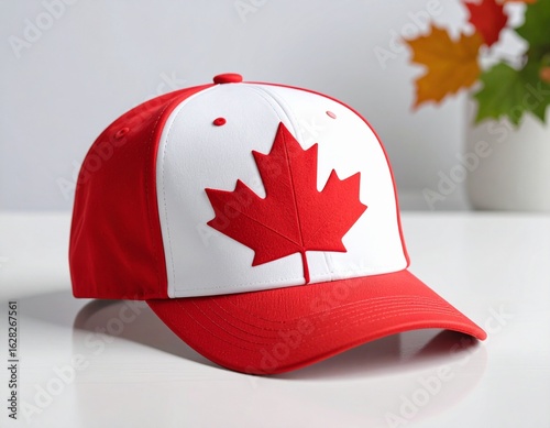 A red and white baseball cap featuring a large red maple leaf design sits on a white surface.
