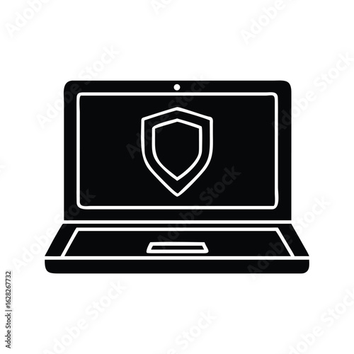 Bold black silhouette glyph icon of a laptop with a security shield, symbolizing antivirus protection and cybersecurity. Vector illustration on white background.
